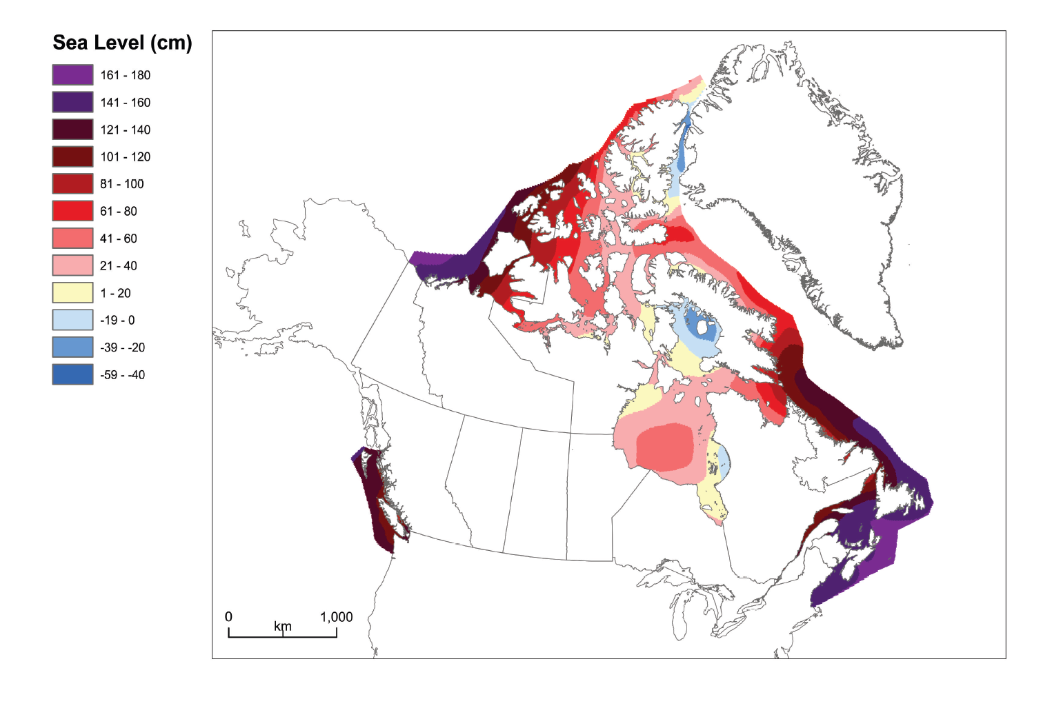 Figure 1: Projected relative sea level rise in Canada by 2100